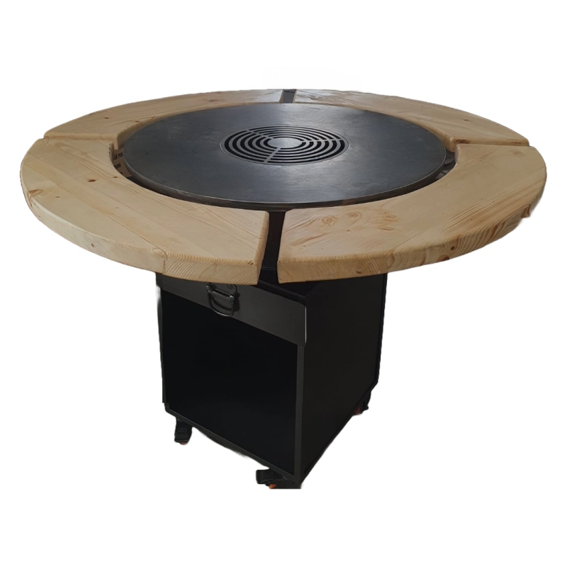Gratar cu plita rotunda 850 mm, H 950 mm cu blat de lemn, grosime plita 10 mm