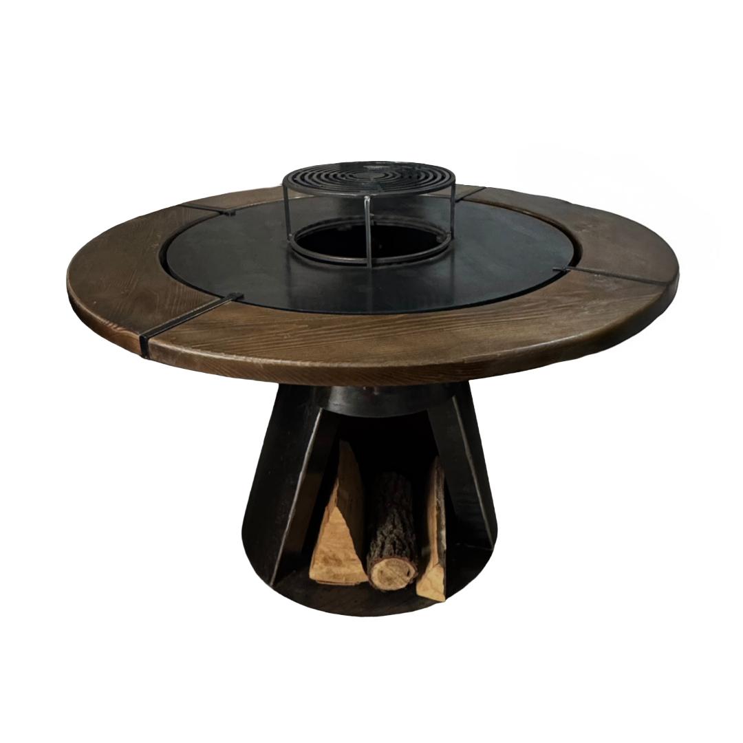 Gratar con cu plita rotunda 1000 mm, H 950 mm cu blat de lemn, grosime plita 10 mm