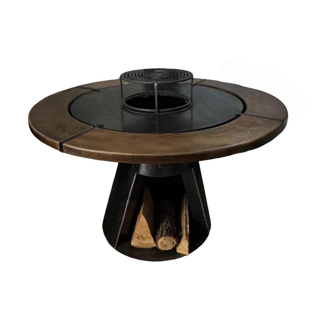 Gratar con cu plita rotunda 1000 mm, H 950 mm cu blat de lemn, grosime plita 10 mm