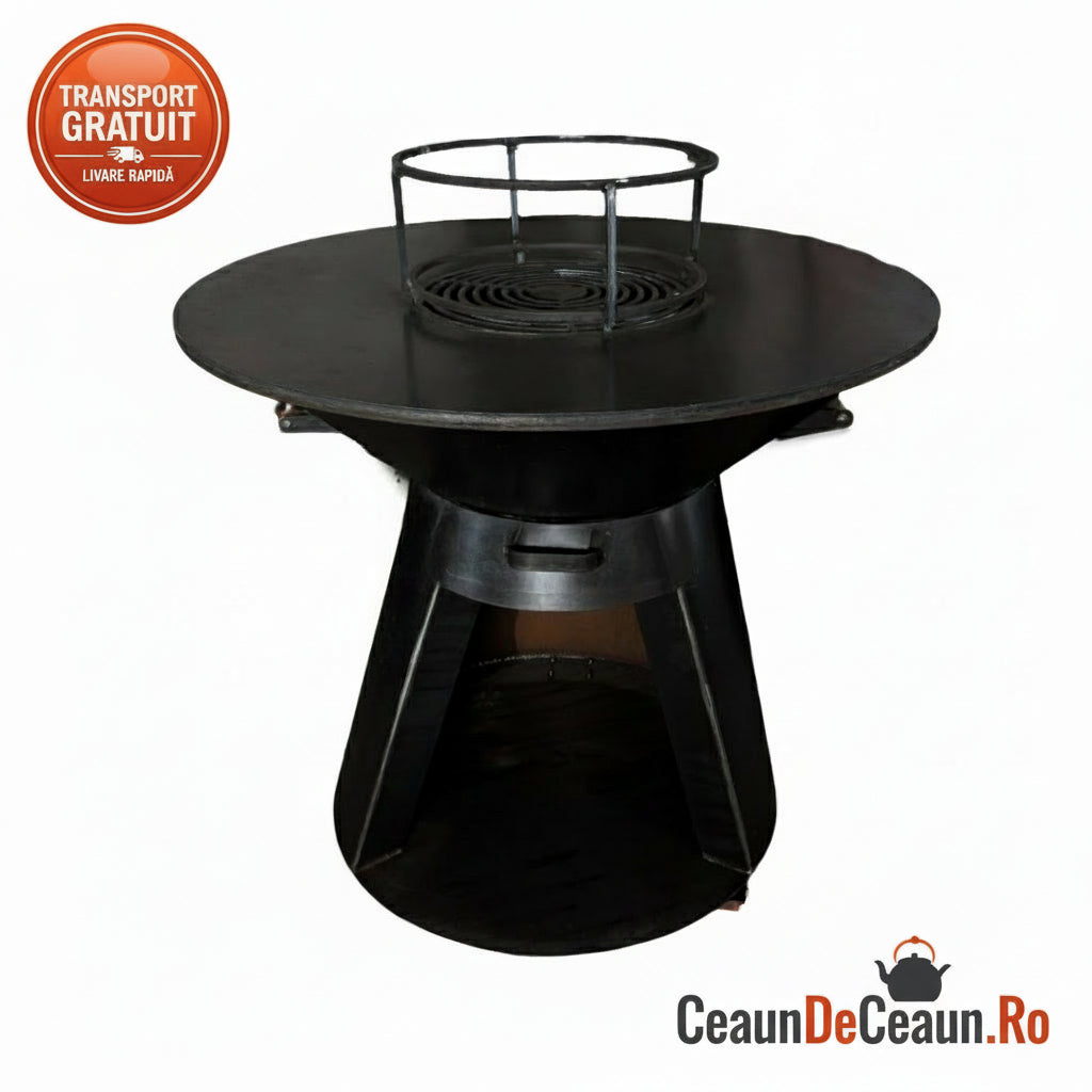 Gratar TIP CON cu Plita rotunda 850 mm, H 950 mm cu blat de lemn, grosime plita 10 mm