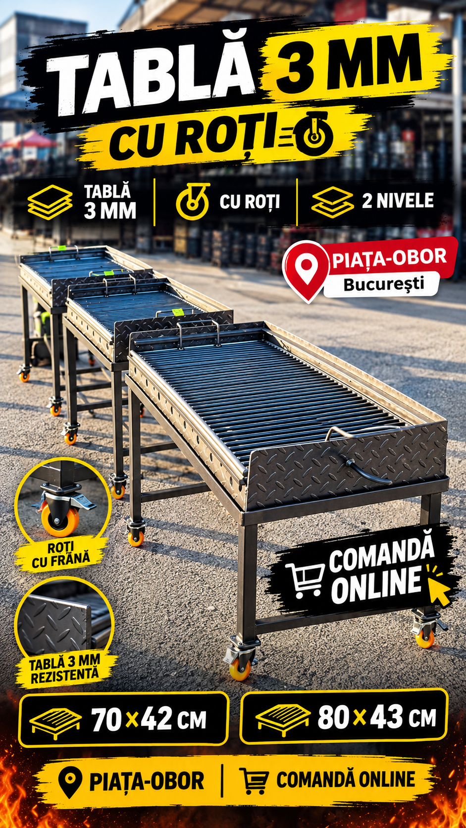 Grătar de Grădină din Oțel cu 2 Nivele și Roți, Tabla 3MM | 80x50×85CM – Grătar pentru Curte și Grădină